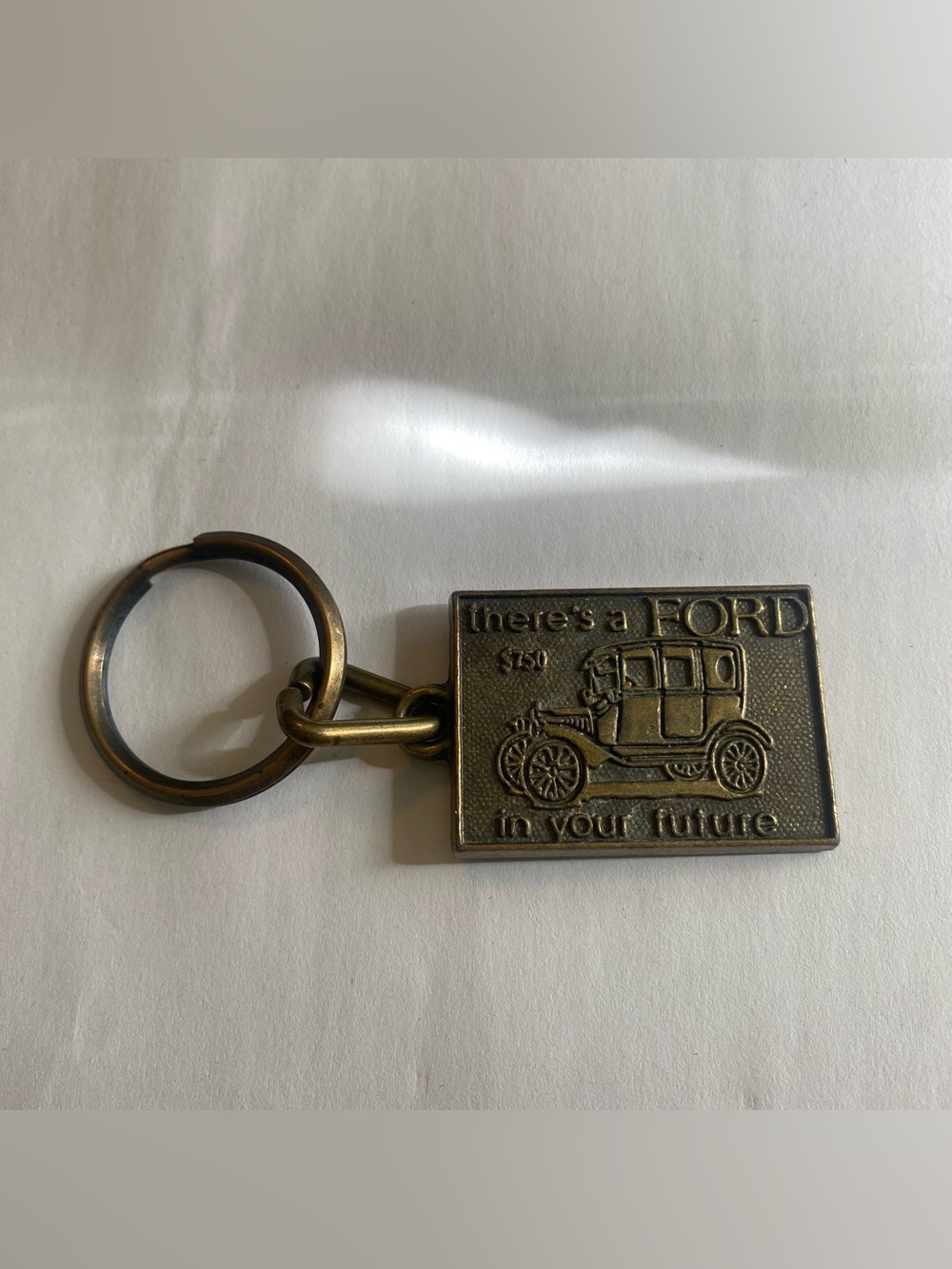 Ford Brass-Tone Rectangular Keychain with Vintage Car Relief